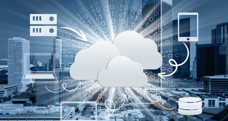 A team of employees making business calls using Cloud-Based PBX on their laptops and smartphones, with a cloud icon representing online communication.