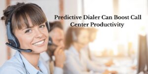 Call center agents using headsets, with a dashboard showing a predictive dialer automatically connecting calls and reducing wait time.