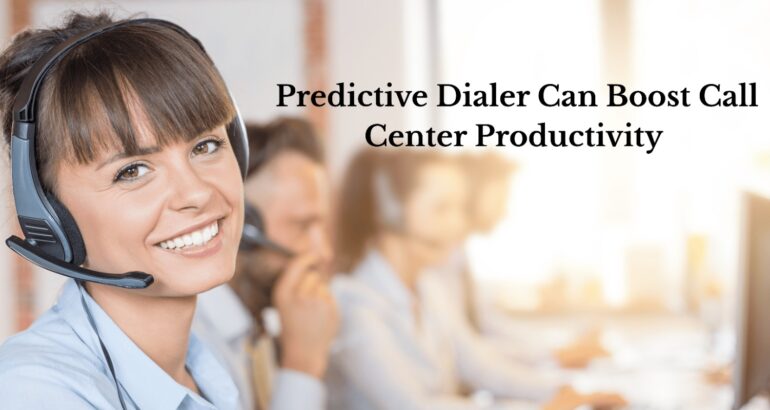 Call center agents using headsets, with a dashboard showing a predictive dialer automatically connecting calls and reducing wait time.