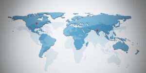 A global business dashboard showing local phone numbers with USA, Egypt, and India flags connected to a central VoIP system via cloud.