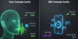 Business dashboard showing voice call quality, SMS delivery reports, response rates, and campaign performance metrics for voice and SMS campaigns.