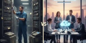 Comparison of Cloud PBX and Traditional PBX phone systems showing cost savings, scalability, and modern business communication setup