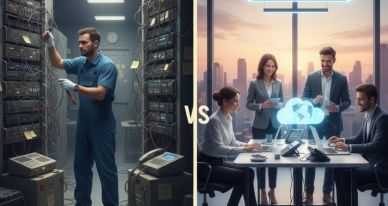 Comparison of Cloud PBX and Traditional PBX phone systems showing cost savings, scalability, and modern business communication setup